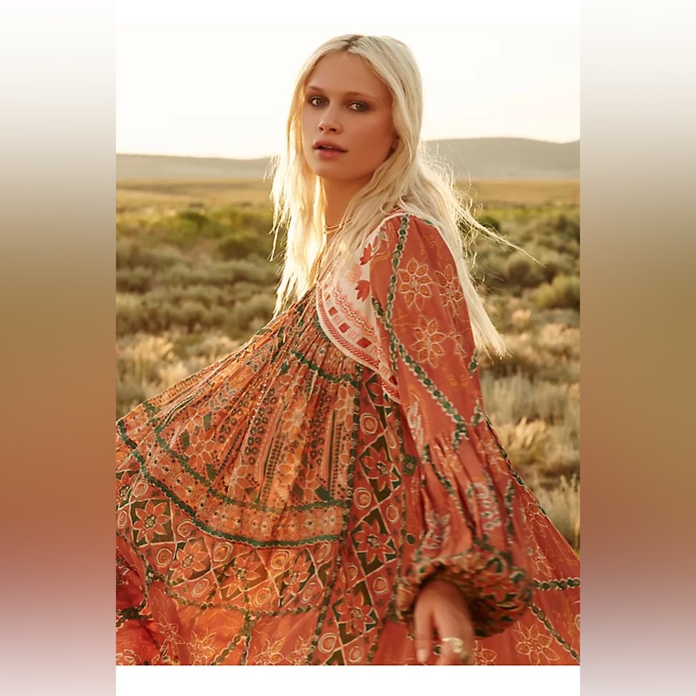 Free People Pink City Long Sleeve Floral Dress in Orange and Green - Picture 3 of 15